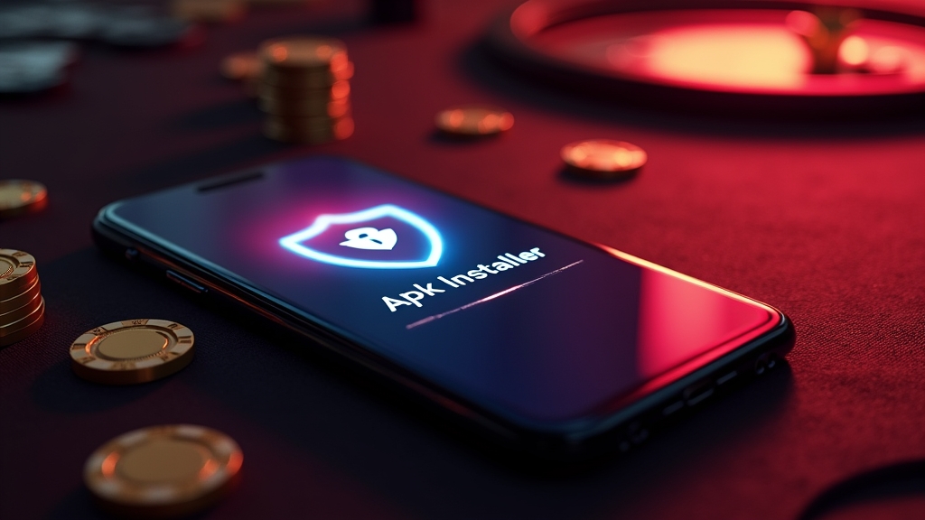 Android-telefoon met een Goldhorns APK-installatiescherm op een casinotafel