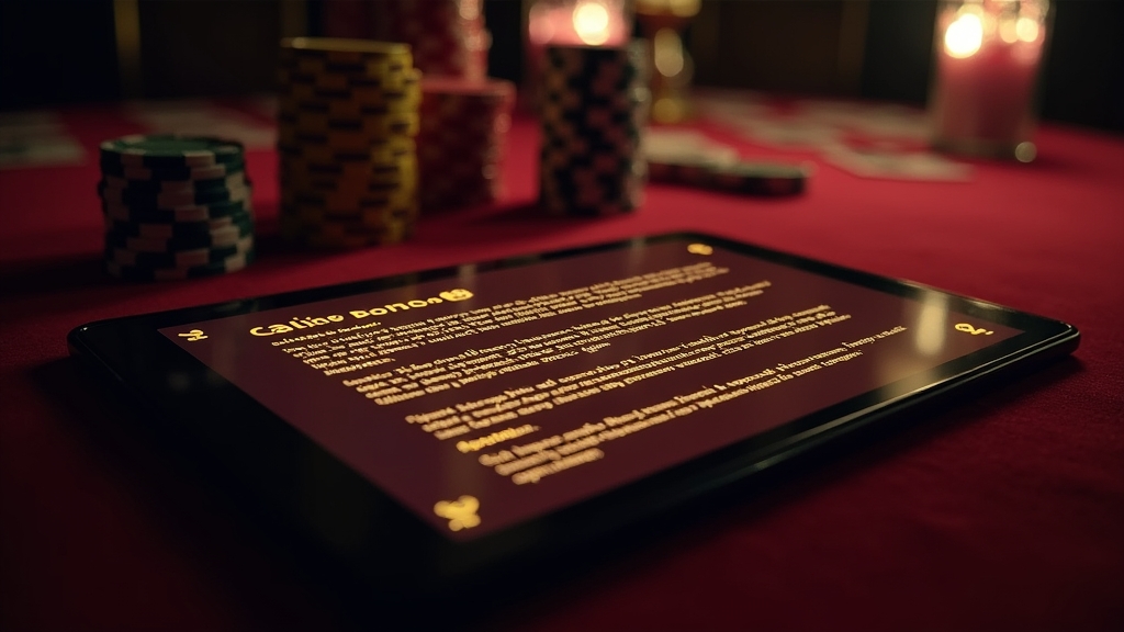Tablet met bonusvoorwaarden naast casinochips en kaarten
