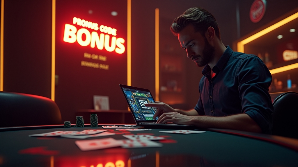 Speler controleert een gloeiende bonuscodebanner in een donkere casino-setting