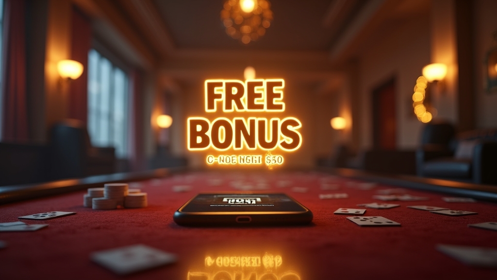 Een no-deposit bonuscode gloeit boven een telefoon in een donkere casino-lobby