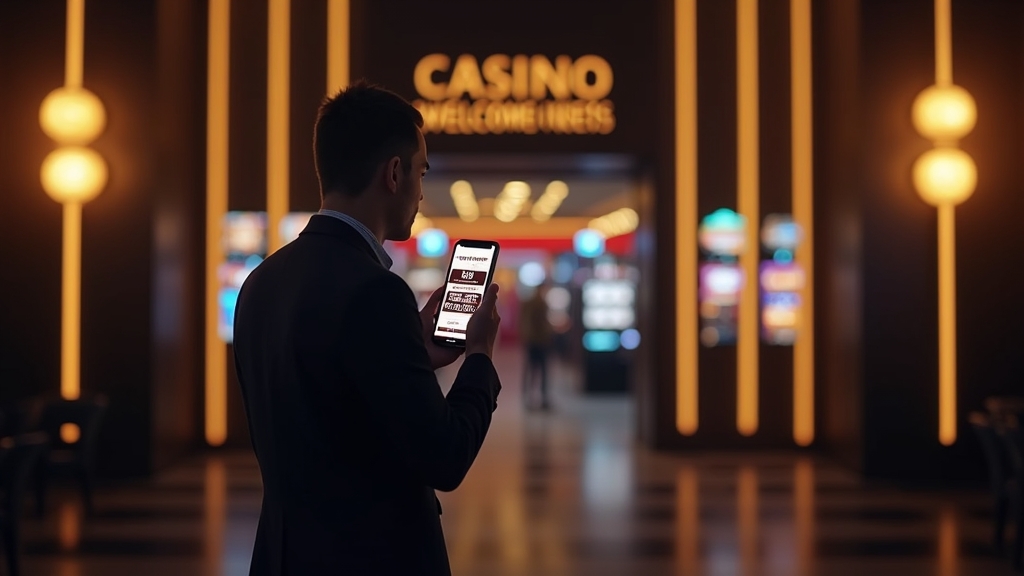 Nieuwe speler bekijkt een casino-promo code op een telefoon in een donkere ontvangstruimte